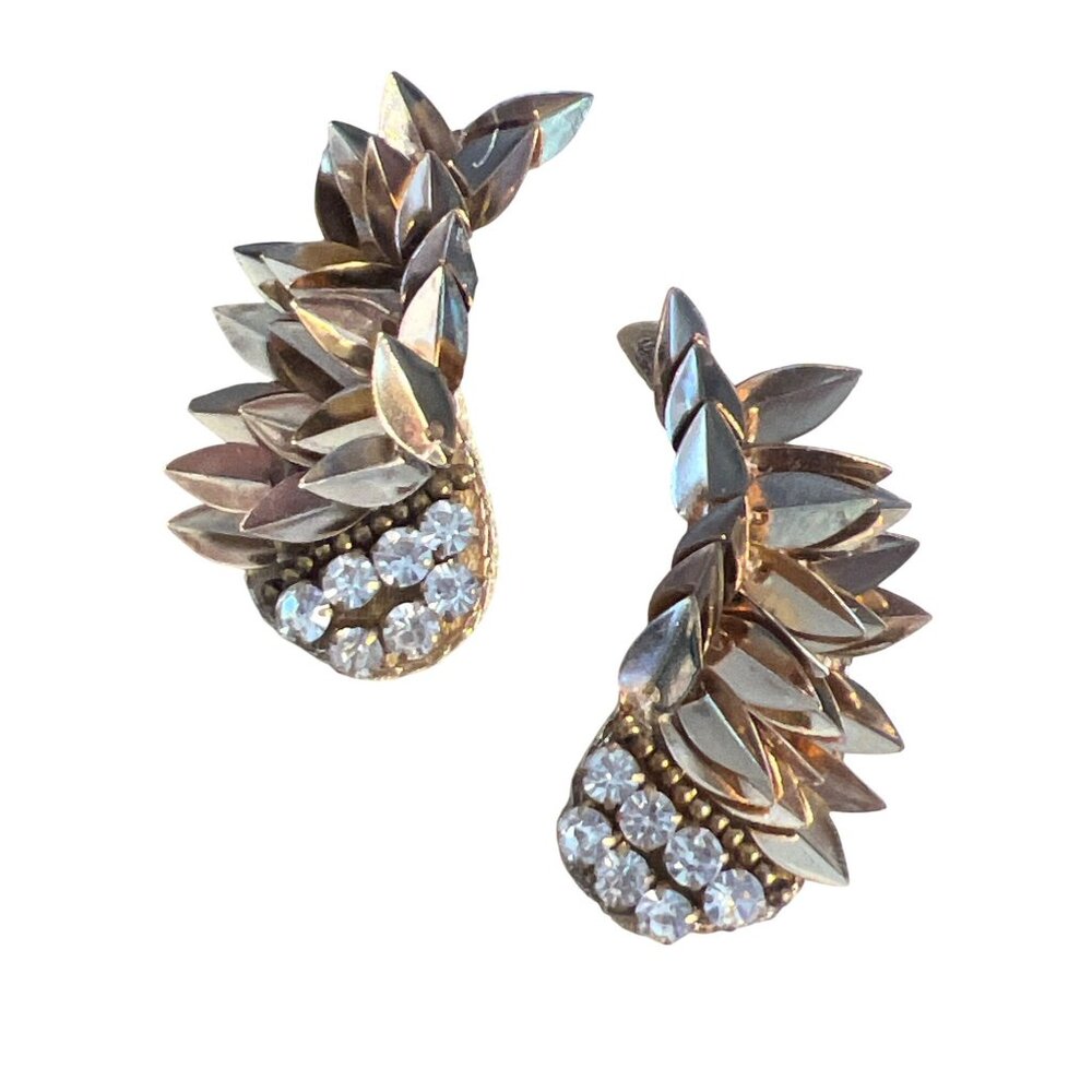 Vtg Rhinestone Leaf Cluster Statement Earrings Gold Metallic Ear Crawler Estate